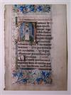 MANUSCRIPT LEAF.  Vellum leaf from Latin Book of Hours with 2 illuminated initials depicting SS. Nicholas and Augustine. 15th ct.